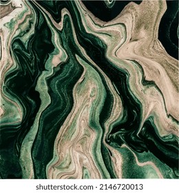 Acrylic Fluid Art. Black marble background with dark green waves. Abstract background or texture