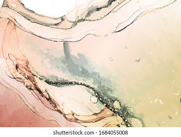 Acrylic fluid art yellow watercolor swirl with gold marble foil. Marble oriental alcohol ink designgolden paint. Floating color  spalsh cloud ink.  Modern wallpaper. Vector.