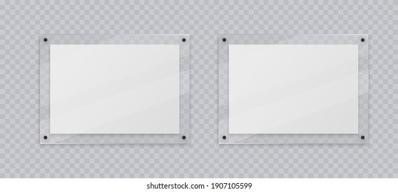 Acrylic frame mockup, two landscape glass plate for poster of photo, realistic mockup isolated hanging on transparent wall. White blank banners on plexiglass display, 3d vector illustration. - Shutterstock ID 1907105599