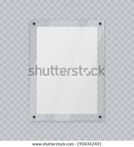 Acrylic glass frame, plastic frame for poster of photo, realistic mockup isolated hanging on transparent wall. White blank paper banner on plexiglass display, 3d vector illustration.