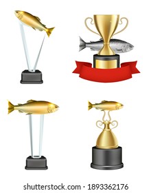 Acrylic glass and metal fishing trophy mockup set, vector isolated illustration. Realistic fishing championship winner award, plaque, prize on pedestal.