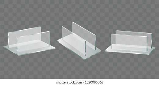 Acrylic glass table talker, plastic holder for advertising brochures, promotional banners and leaflets. Restaurant menu, shop price tag stand 3d realistic vector set isolated on transparent background