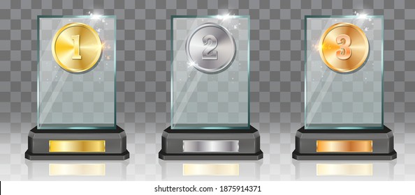 Acrylic glass trophy award mockup set, vector illustration isolated on transparent background. First, second, third place prize plaque templates. Gold, silver and bronze medals, desk winner awards.