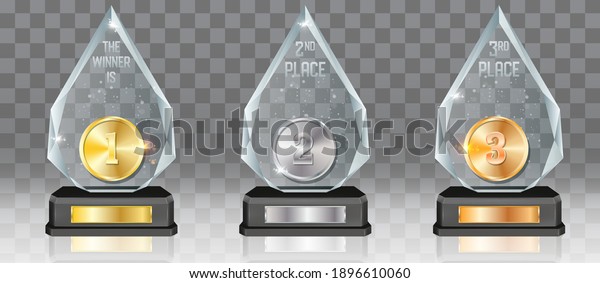 Acrylic glass trophy award\
mockup set, vector illustration isolated on transparent background.\
Realistic prize plaque on pedestal with gold, silver and bronze\
medal.