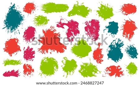 Acrylic grunge brush stroke vector bundle. Isolated smudge blotch hipster shapes. Blob paintbrush textured sticker stencil pack. Daub gouache stains drawing.