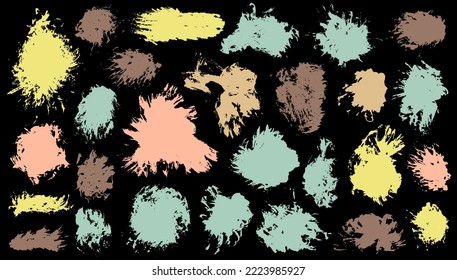 Acrylic grunge brushstroke vector collection. Freehand smudge blotch trendy elements. Splatter paintbrush textured label background bundle. Daub oil spots drawing.