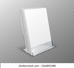 Acrylic holder, table display, glass plastic stand or desk rack with blank cards, realistic vector illustration. Clear desk holder, office organizer isolated on transparent