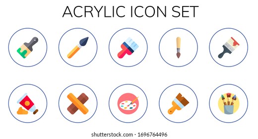 acrylic icon set. 10 flat acrylic icons.  Simple modern icons such as: paint brush, paint tube, clave, brush, painting palette