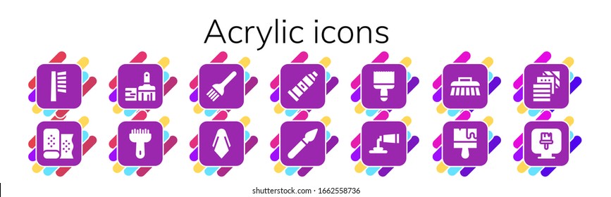 acrylic icon set. 14 filled acrylic icons. Included Brush, Fabric, Paint brush, Silk, Paint tube icons