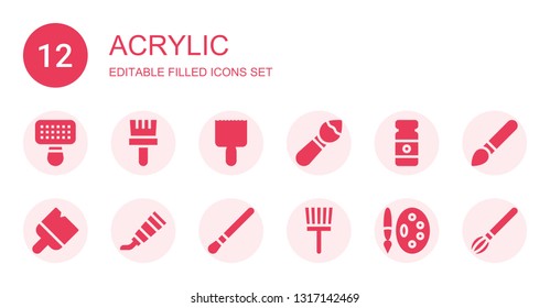 acrylic icon set. Collection of 12 filled acrylic icons included Brush, Paint brush, Paint tube, Painting palette