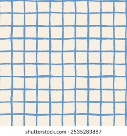 Acrylic ink doodle hand drawn plaid paper grid seamless vector pattern with squares, irregular painted check background with rough wavy lines