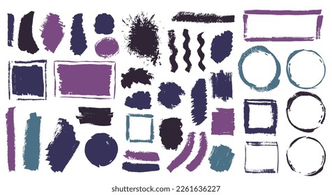Acrylic mud daub vector collection. Freehand border box retro elements. Smear spot textured label background pack. Daub watercolor splashes design.