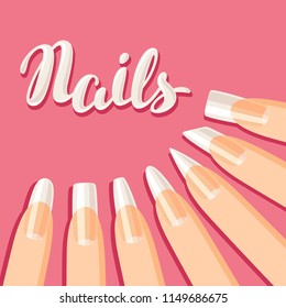 Acrylic nail shapes set. Various types of manicure.