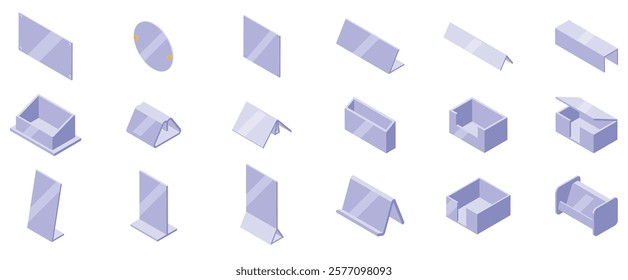  Acrylic nameplate icons set. Collection of various acrylic holders and stands showcasing different designs for displaying information, products, and signage