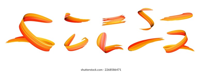 Acrylic orange paint brush strokes, vector bright spiral gradient waves of 3d paint brush texture background. Digital painted paintbrush color paint strokes and smudges