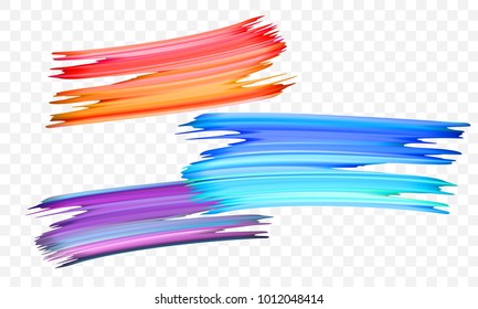 Acrylic Paint Brush Stroke. Vector Bright Orange, Velvet Or Purple And Blue Gradient 3d Paint Brush With Vibrant Texture On Transparent Background. Creative Concept Of Digital Painted Color Stroke