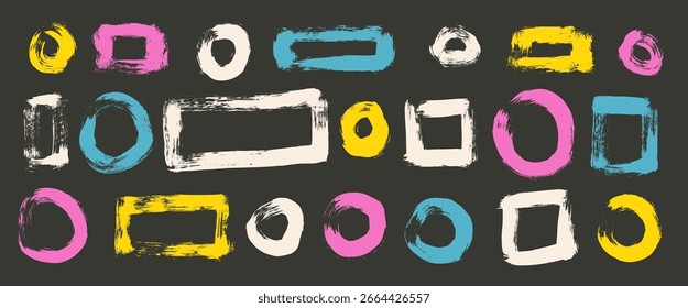 Acrylic paint circles and square shapes brush stroke set. Blue, yellow and white paint rectangle and round frames elements on black background. Grunge textured geometric pattern. Vector illustration.