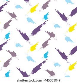 Acrylic paint strokes seamless vector pattern. Violet, blue and yellow brush smears white bold background.