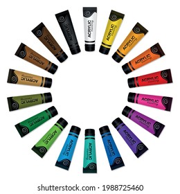 Acrylic paint tubes that form a colorful fan circle. Isolated vector illustration on white background.
