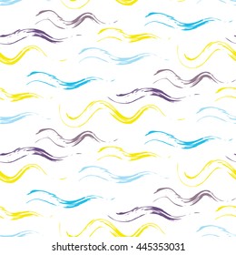 Acrylic paint wave strokes seamless vector pattern. Violet, blue and yellow brush smears white bold background.