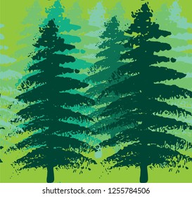 Acrylic painted evergreen tree turned into a seamless pattern made of various Shades of Green and UFO green as background color.