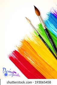 Acrylic painted rainbow with paintbrushes, vector background