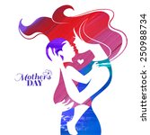 Acrylic painting mother silhouette with her baby. Card of Happy Mothers Day. Vector illustration with beautiful woman and child