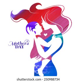 Acrylic Painting Mother Silhouette With Her Baby. Card Of Happy Mothers Day. Vector Illustration With Beautiful Woman And Child