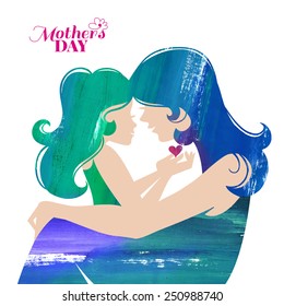 Acrylic painting mother silhouette with her daughter. Card of Happy Mothers Day. Vector illustration with beautiful woman and child