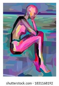 Acrylic painting style representation of a woman thinking - vector illustration