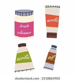 Acrylic paints, oil, brush cleaner liquids in bottles. Painting colours in plastic packs. Different drawing dyes in packages, containers. Art supplies. Flat vector illustration isolated on white backg