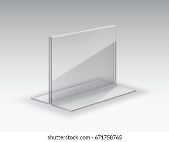 Acrylic Or Plexiglass Table Card Holder Isolated On Grey Background. Vector Empty Glass, Plexi Stand Display. Clear Plastic Tag Mockup, Photo Frame Or Restaurant Menu Template.