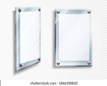 Acrylic poster, blank glass frame hang on wall isolated on transparent background. Empty photo frame template, rectangular name plate, plexiglass banner, holder mockup Realistic 3d vector illustration