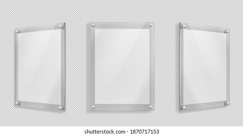 Acrylic poster, blank glass frame hang on wall isolated on transparent background. Empty photo frame template, rectangular name plate, plexiglass banner, holder mockup Realistic 3d vector illustration