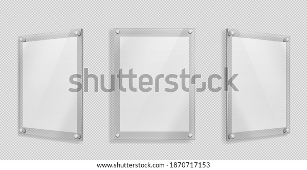 Acrylic poster, blank glass frame hang on\
wall isolated on transparent background. Empty photo frame\
template, rectangular name plate, plexiglass banner, holder mockup\
Realistic 3d vector\
illustration