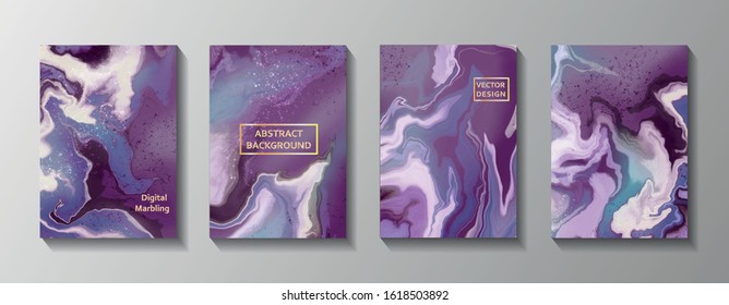 Conjunto de fondo de pintura acrílico violeta. Conjunto de texturas de mármol violeta. Retroceso abstracto vectorial 10. Conjunto de tarjetas para diseño web e impreso