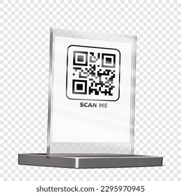 Acrylic QR code holder display realistic mock-up. Clear square plexi stand on transparent background mockup