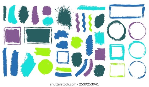 Acrylic rough brushstroke vector collection. Freehand border box bold elements. Blotter splash web label imprint pack. Daub acrylic splashes drawing.