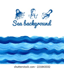 Acrylic Sea background with jellyfish and octopus. Vector blue nautical card. Waves.