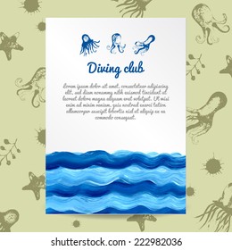 Acrylic Sea background with octopus. Vector card. Waves. Hand drawn. 