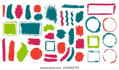 Acrylic sketch brush stroke vector batch. Isolated border box hipster shapes. Speck stain sale sticker background group. Brush stroke oil splashes drawing.