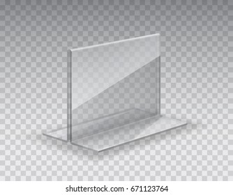 Acrylic Table Card Holder Isolated On Transparent Background. Vector Empty Glass Stand Display. Clear Plastic, Plexi Or Plexiglass Price Tag Or Restaurant Menu Mockup.