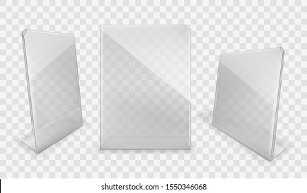 Acrylic table displays set, glass or plastic card holders isolated on transparent background. Empty plexi stands mock up. Clear plexiglass tag mockup, photo frame Realistic 3d vector illustration