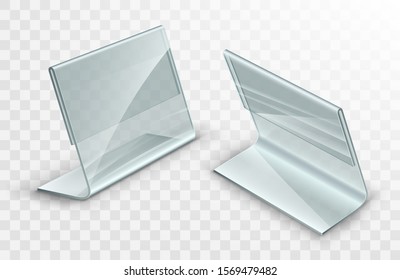 Acrylic table displays set, glass or plastic card holders isolated on transparent background.