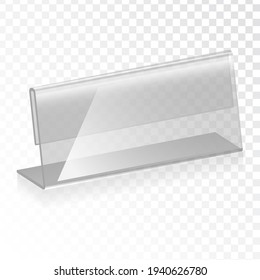 Acrylic table tent, card holder isolated on transparent background. Vector glass display stands. Clear plastic, plexi or plexiglass restaurant menu mockup. Eps10 vector illustration.