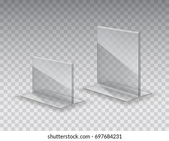 Acrylic Table Tent, Card Holder Isolated On Transparent Background. Vector Empty Glass Stand Display. Clear Plastic, Plexi Or Plexiglass Price Tag Or Restaurant Menu Mockup.