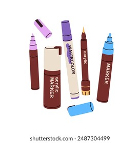 Marcadores de acrílico y acuarela, forros, rotuladores. Dibujo, escritura, herramientas de caligrafía. Artículos de arte, kit de accesorios creativos para escritura a mano. Ilustración vectorial plana aislada sobre fondo blanco