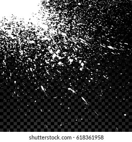 Acrylic white explosion paint splatter. Small drops, spots isolated on grey transparent background. Spray stains abstract background, art vector illustration. Grainy abstract holiday illustration
