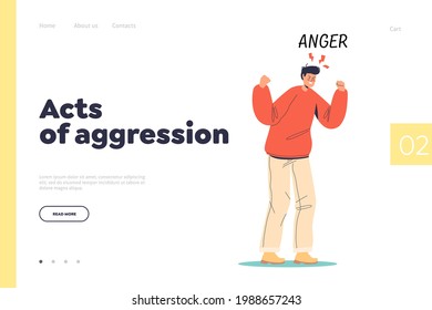 Act of aggression concept pf landing page with angry man furious screaming. Anger stage of acceptance. Annoyed stressed cartoon character. Anxiety, stress and depression. Flat vector illustration