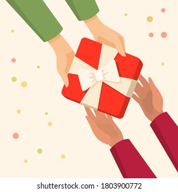 The act of giving gift, white and dark skin hands carrying red present box with ribbon. Presenting wrapped gift box. Stock vector flat illustration.